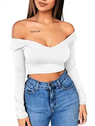 ZileZile Women's Sexy Off Shoulder V Neck Short Sleeves Club Crop Top White