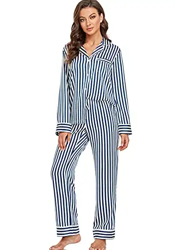Serenedelicacy Women's Satin Pajama Set Long Sleeve Button Down Sleepwear 2-Piece Striped Silky Pj Set (X-Large, Navy/Ivory, Stripe)