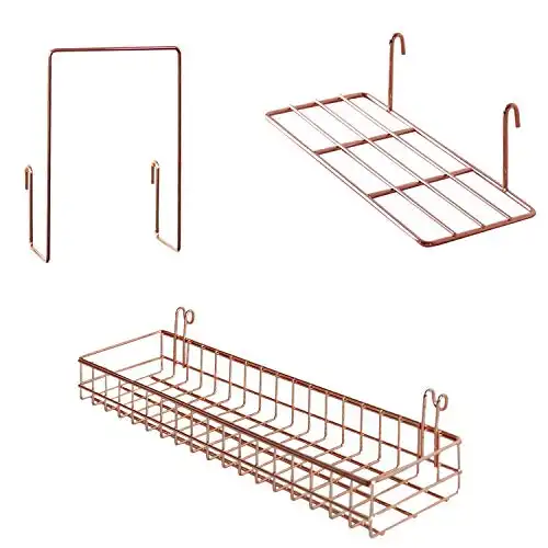 FRIADE Rose Gold Grid Basket with Hooks,Bookshelf,Display Shelf for Wall Grid Panel,Wall Mount Organizer and Storage Shelf Rack for Home Supplies,1 Set of 3 (Rose Gold)