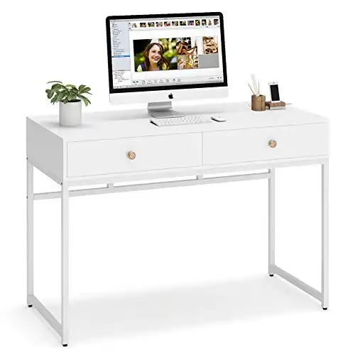 Tribesigns Computer Desk, Modern Simple 47 inch Home Office Desk Study Table Writing Desk with 2 Storage Drawers, Makeup Vanity Console Table White