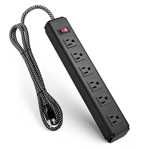 6 Outlets Metal Power Strip Surge Protector with Long Extension Cord 6 feet, 3 Prong Wall Mountable, Overload Protection Switch ON/Off, Black Heavy Duty Power Strip for Home, Office, Dorm Essentials