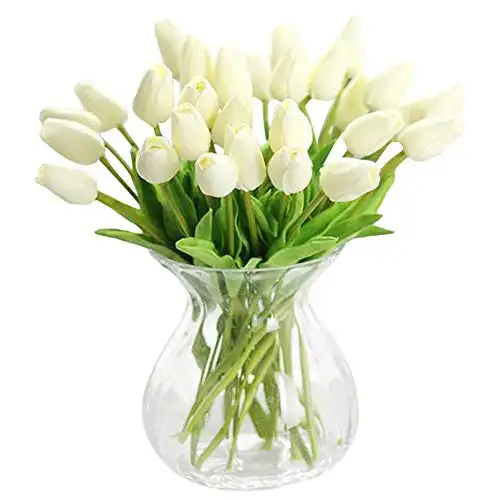 chilsoby 30 Pcs Artificial Tulip Flowers Real Touch Tulips Fake PU Tulip Flower Bouquet for Home Wedding Party Office Decor (Off White)