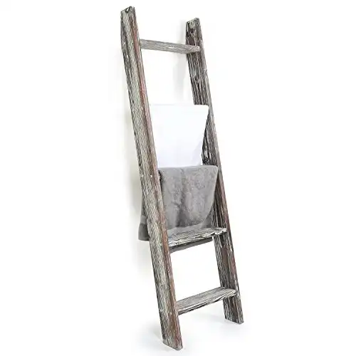 MyGift Torched Brown Wood Decorative Ladder Shelf, 4.5 Foot Wall Leaning Wooden Towel Blanket Ladder Storage Rack for Bathroom or Living Room