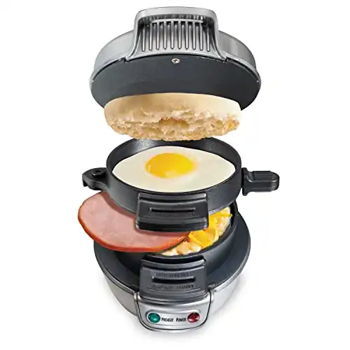 Hamilton Beach Breakfast Sandwich Maker with Egg Cooker Ring, Customize Ingredients, Perfect for English Muffins, Croissants, Mini Waffles, Perfect White Elephant Gifts, Silver (25475)