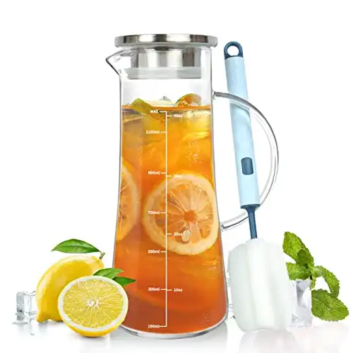 ZRRHOO Glass Pitcher with Lid and Spout - 52oz Glass Carafe with Lids for Iced Tea & Hot Water, High Heat Resistant, Cups and Cleaning Brush Included…