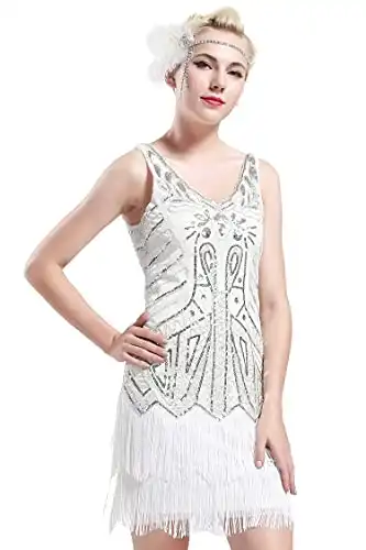 BABEYOND Women's Flapper Dresses 1920s V Neck Beaded Fringed Great Gatsby Dress White