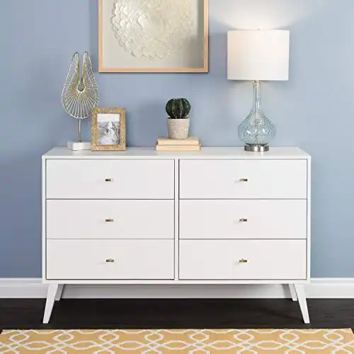 Prepac Milo Mid-Century 6 Drawer Double Dresser For Bedroom, 16" D x 52.50" W x 33" H, White