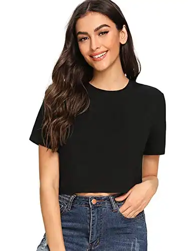 SheIn Women's Basic Plain Round Neck Short Sleeve Crop T-Shirt Top Black X-Large