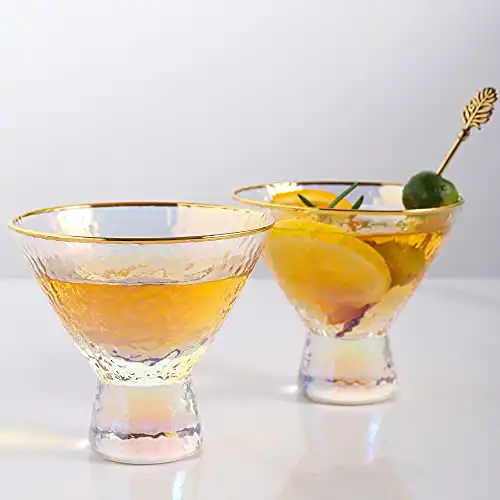 Lysenn Iridescent Stemless Martini Glasses Set of 2 - Premium Hammered Cocktail Glasses for Weddings, Anniversary, Christmas, Party - 7.7oz Gold Rim