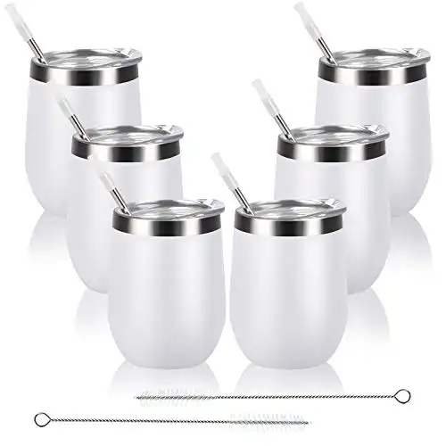 6 Pack Stainless Steel Wine Tumbler with Lid and Straw, 12 Oz Double Wall Vacuum Insulated Wine Tumbler, Set of 6 Stemless Wine Glass for Wine, Coffee, Cocktail, Ice Cream, White