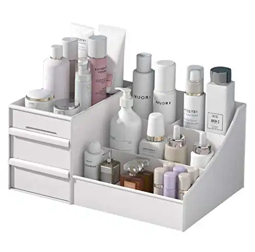 Simbuy Makeup Organizer With Drawers — Countertop Organizer for Cosmetics, Vanity Holder for Lipstick, Brushes, Lotions, Eyeshadow, Nail Polish and Jewelry (White)