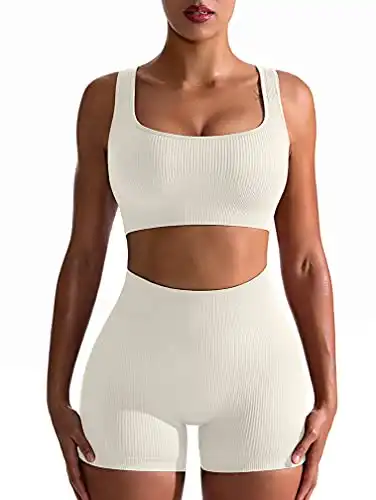 OQQ Women's Workout 2 Piece Seamless Ribbed High Waist Legging Sports Exercise Set Bra Outfit, Beige, Small