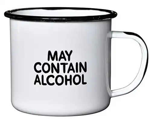 MAY CONTAIN ALCOHOL | Enamel"Coffee" Mug | Sarcastic Gift for Vodka, Gin, Bourbon, Wine and Beer Lovers | Great Office or Camping Cup for Dads, Moms, Campers, Tailgaters, Drinkers, and Trave...
