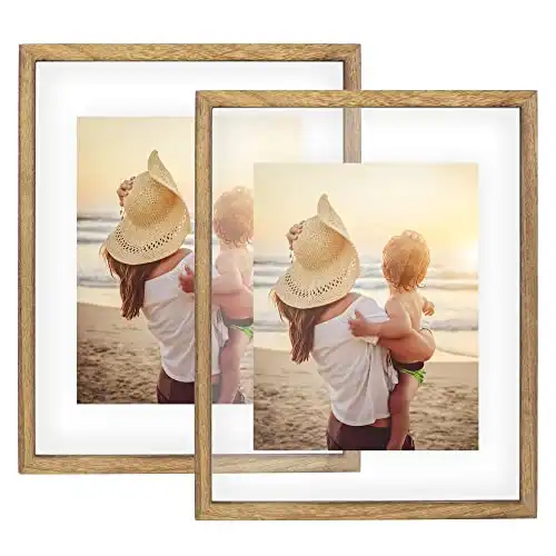 DLQuarts 11x14 Floating Photo Picture Frame, Floating Display for Photos 8x10, 7x9, 5x7,or Full Display for 11x14 Photos, Solid Wood, Double Glass, 2 Pack, Carbonized Brown