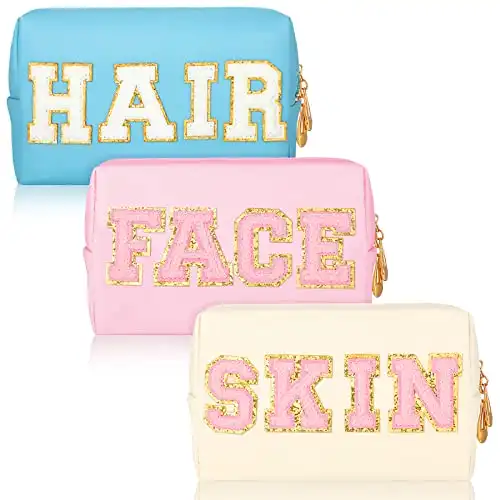 Sotiff 3 Pcs Preppy Patch Makeup Bag Chenille Letter Cosmetic Bag Waterproof Toiletry Bag Portable Makeup Organizer Zipper Cosmetic Pouch for Women Teen Girls (Beige, Light Blue, Pink, PU Leather)