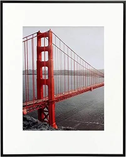 Frametory, 11x14 Aluminum Picture Frame - 11x14 Black Frame with Ivory Color Mat for 8x10 Photo - 14 by 11 Metal Photo Frame & Real Glass - Sawtooth Hanger included for Wall Display - 1 Pack