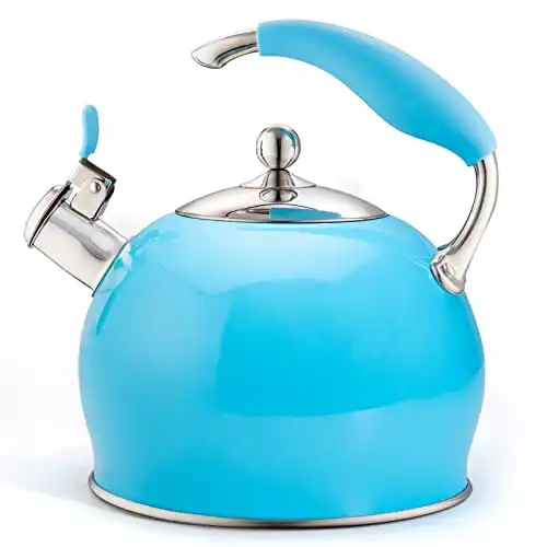 Sotya Whistling Tea Kettle for Stovetop, 3 Quart Stainless Steel Teakettle Teapot with Upgraded Version Silicone Anti-Scald Handle, Suitable for All Heat Source (Blue)