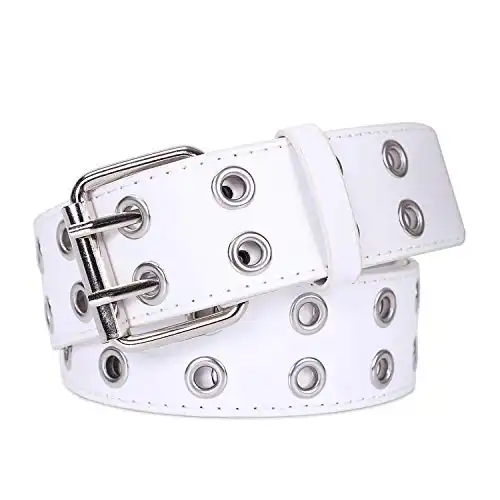 Double Grommet PU Leather Belt for Women/Men Punk metal Jean Belt Wide 1.5 Inch, White, Fit Pants 22-35 inch