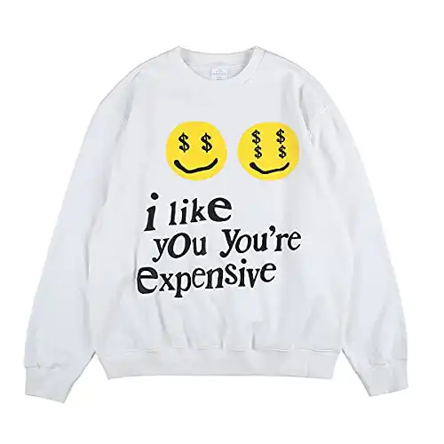 Arnodefrance i like you you're expensive Graphic Sweatshirt Hip Hop Letter Printing Crew Neck Pullover For Men And Women White
