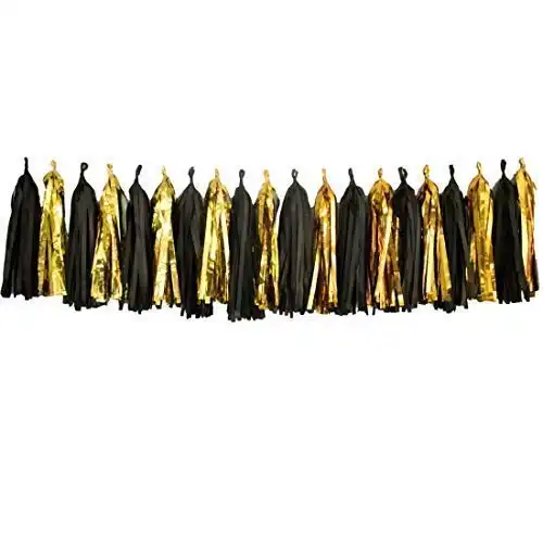 Bobee 20 Black and Gold Tissue Paper Tassel Garland Party Decorations DIY Easy Setup for New Years eve Balloon Tail Wedding Event Birthday Decoration