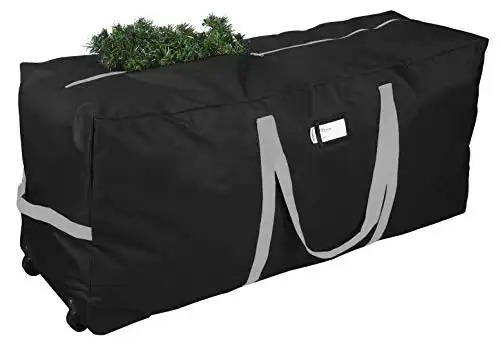 Primode Christmas Rolling Tree Storage Bag, Fits Up to 7.5 Ft. Tall Disassembled Holiday Trees, 22" H X 16" W X 50" L, Large Heavy Duty Storage Container with 2 Wheels and Handles (Blac...