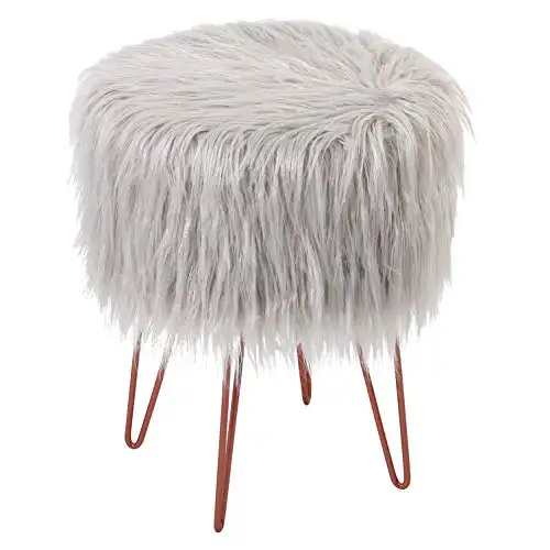 BIRDROCK HOME Silver Faux Fur Vanity Stool Chair - Soft Furry Compact Padded Seat - Vanity, Living Room, Bedroom and Kids Room Chairs - Hair Pin Metal Legs Upholstered Decorative Furniture Foot Rest