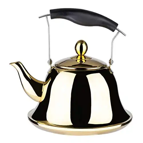 Whistling Tea Kettle with Infuser for Loose Leaf Tea Stainless Steel Modern Whistle Teapot Teakettle Stovetop Induction Gas Stove Top Tea Maker Water Pot Gold 2 Quart/Liter