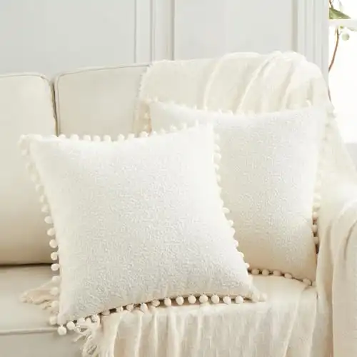 Fancy Homi Set of 2 Cream White Textured Boucle Decorative Throw Pillow Covers 18x18 Inch with Pom Poms for Couch Sofa Bedroom, Aesthetic Modern Boho Home Decor, Soft Beige Cute Pillow Case 45x45 cm