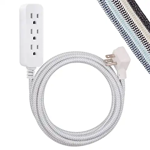 Cordinate 3 Outlet Power Strip Surge Protector Indoor Outdoor Extension Cord 16 Gauge 10 Ft 3 Prong Braided Extension Cords Flat Extension Cord Heavy Duty UL-Listed Gray/White 37914