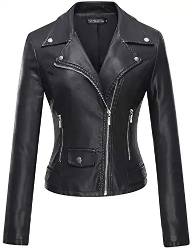 Tanming Women's Faux Leather Moto Biker Short Coat Jacket (Black-M)