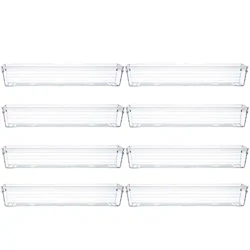 Backerysupply Clear Plastic  Drawer Organizer Tray for Vanity Cabinet (12”×3”×2”，Set of 8),Storage Tray for Makeup, Kitchen Utensils, Jewelries, and Gadgets