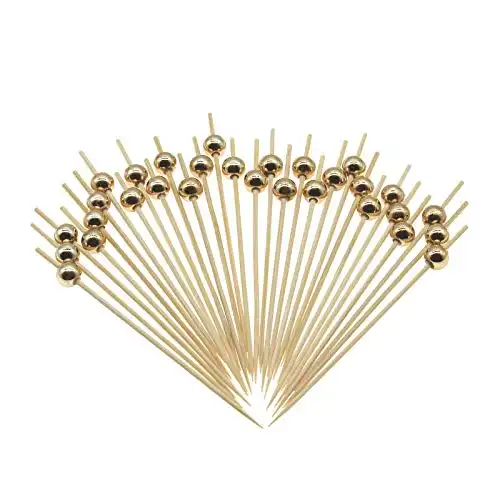 Minisland Gold Pearl Bamboo Cocktail Picks 4.7 Inch Long Fancy Toothpicks for Appetizers Drinks Fruits Party Food Garnish Skewer Sticks 100 Counts- MSL150