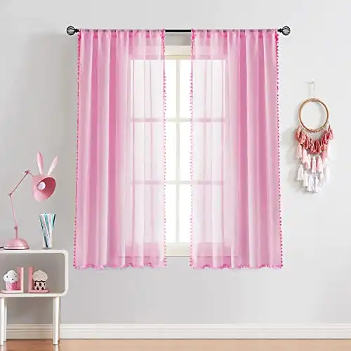 Treatmentex Pom-Pom Sheer Curtains for Girl's Room Linen Textured Pink Sheer Window Drapes for Bedroom 52" w x 63" L, 2Panels, Red, Rod Pocket