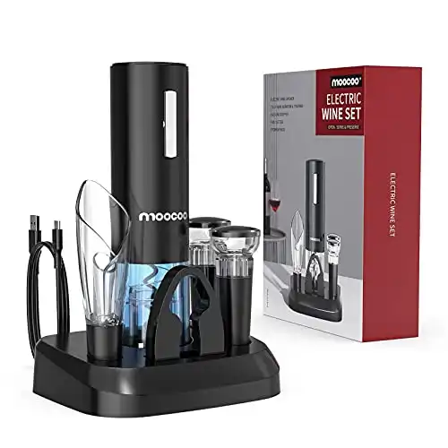 Electric Wine Opener with Charging Base, Moocoo Cordless Electric Wine Bottle Opener with 2-in-1 Aerator &Pourer, Foil Cutter, 2 Vacuum Preservation Stoppers, Display Charging Station for Easy Sto...