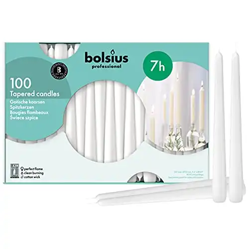 BOLSIUS White Taper Candles 100 Count Bulk Pack - 10 Inch Dinner Candle Set - 7+ Burn Hours - Premium European Quality - Smooth Flame - 100% Cotton Wick - Smokeless & Dripless Household Candlestic...
