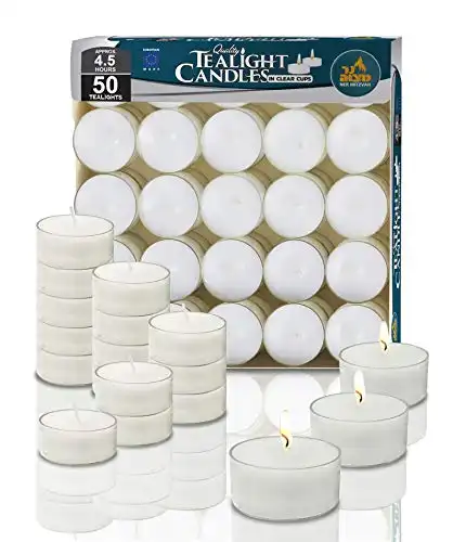 Ner Mitzvah Tea Light Candles - 50 Bulk Pack - White Unscented Tealight Candles in Clear Cup - Long Burning - 4.5 Hour