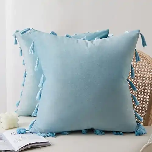 Topfinel Decorative Throw Pillow Covers with Boho Tassel Soft Velvet Cushion Covers 26 x 26 Inch Set of 2 for Couch Bed Sofa Living Room Classroom(Light Blue/65cm)
