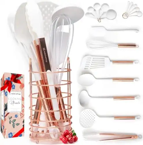 White and Copper Kitchen Utensils - 18 PC Copper Cooking Utensils Set Includes Copper Utensil Holder, White & Copper Measuring Cups and Spoons, Rose Gold Kitchen Utensils - Copper Kitchen Accessor...