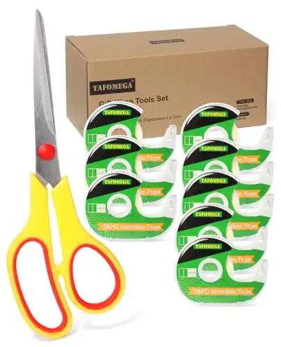 Invisible Tape Bulk & Stainless Steel Scissors Set - 8 Pack Gift Wrap Tape for Christmas Gift Wrapping- 0.7x800 inchesTafomega Gift Tape Roll for Office School Home