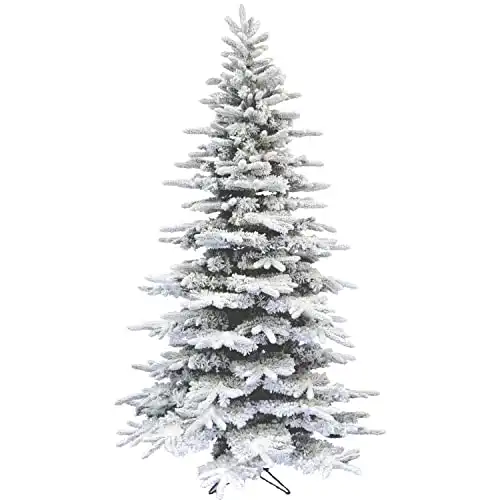 Fraser Hill Farm 7.5-Ft. Mountain Pine Flocked Artificial Christmas Tree with Stand, Unlit Foldable Fake Tree with Realistic Snowy Foliage for Home Decoration