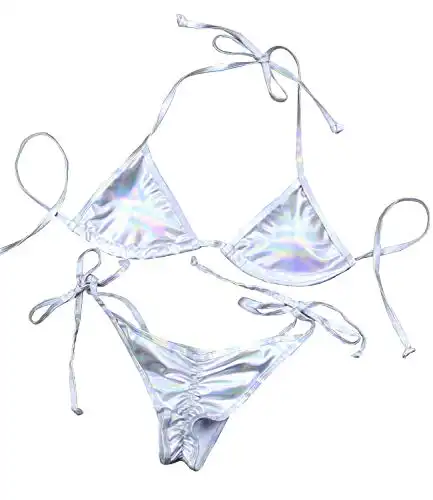 Women's Liquid Metallic Rainbow Bikini Sets Shiny String Padded Triangle 2 Pieces Swimsuit Set