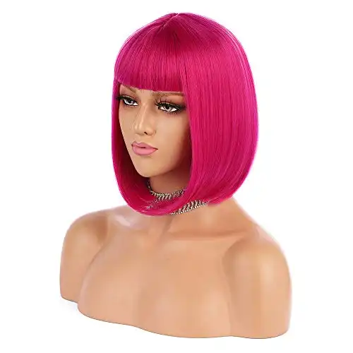 eNilecor Short Bob Hair Wigs 12" Straight with Flat Bangs Synthetic Colorful Cosplay Daily Party Wig for Women Natural As Real Hair+ Free Wig Cap(Hot Pink)
