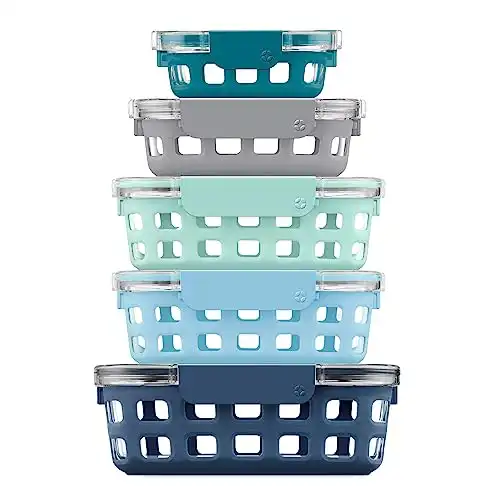 Ello Duraglass Mixed Meal Prep 10Pc, 5 Pack Set- Glass Food Storage Containers with Silicone Sleeve and Airtight BPA-Free Plastic Lids, Dishwasher, Microwave, and Freezer Safe, Blue La La