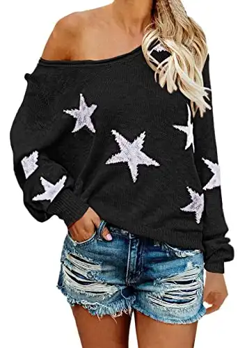 COCOLEGGINGS Women's V Neck Long Sleeve Star Sweater Jumper Pullover Black M