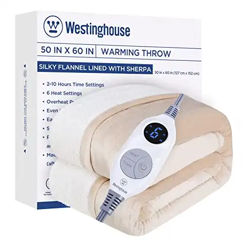 Westinghouse Electric Blanket Throw Heated Blanket with 6 Heating Levels and 2-10 Hours Time Settings, Flannel to Sherpa Super Cozy Heated Blanket Machine Washable, 50x60 inch, Beige