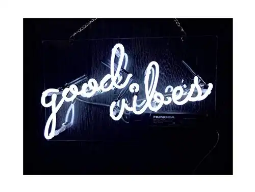 Realwell White Good Vibes Neon Sign with Dimmer Real Glass Bar Handmade Home Room Restaurant Decor Gift 14"x 8"