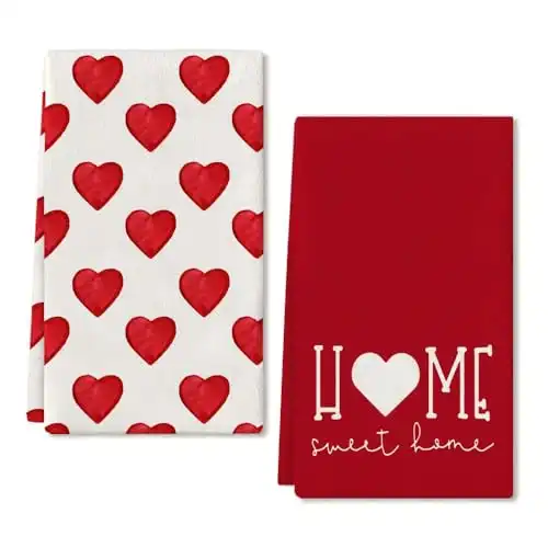 ARKENY Valentine Day Kitchen Towels Red Heart Dish Towels 18x26 Inch Ultra Absorbent Wedding Drying Cloth Sweet Home Sign Hand Towel for Valentine Decorations Set of 2