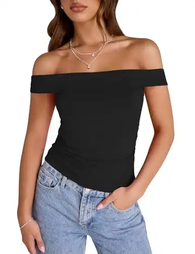 LUYAA Women's Off Shoulder Cropped Tops Short Sleeve Slim Fit Ruched T-Shirt Going Out Y2K Trendy Outfits (Black M)