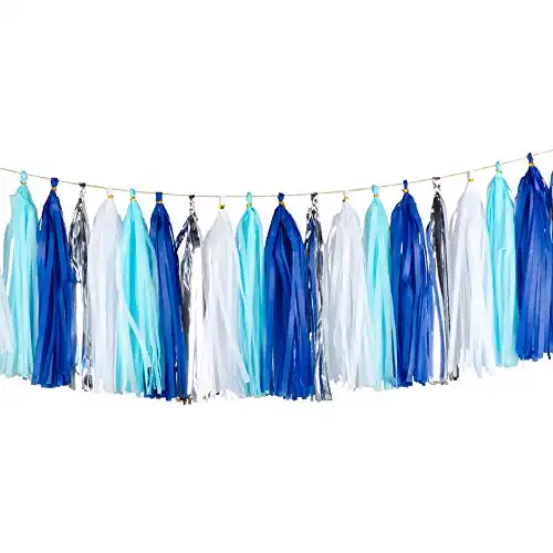 YESON Blue White Silver Tissue Paper Tassels Party Tassel Garland Banner Decorations, Pack of 20
