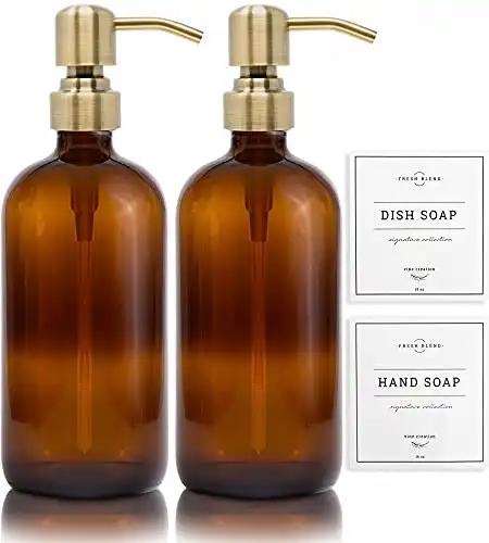 Vine Creations Amber Glass Soap Dispenser 2 Pack, Thick 16oz Bottles Rustproof Stainless Steel Pump, Kitchen Bathroom Accessories, Hand Soap Dish Soap Dispenser, with Waterproof Labels (Brushed Brass)